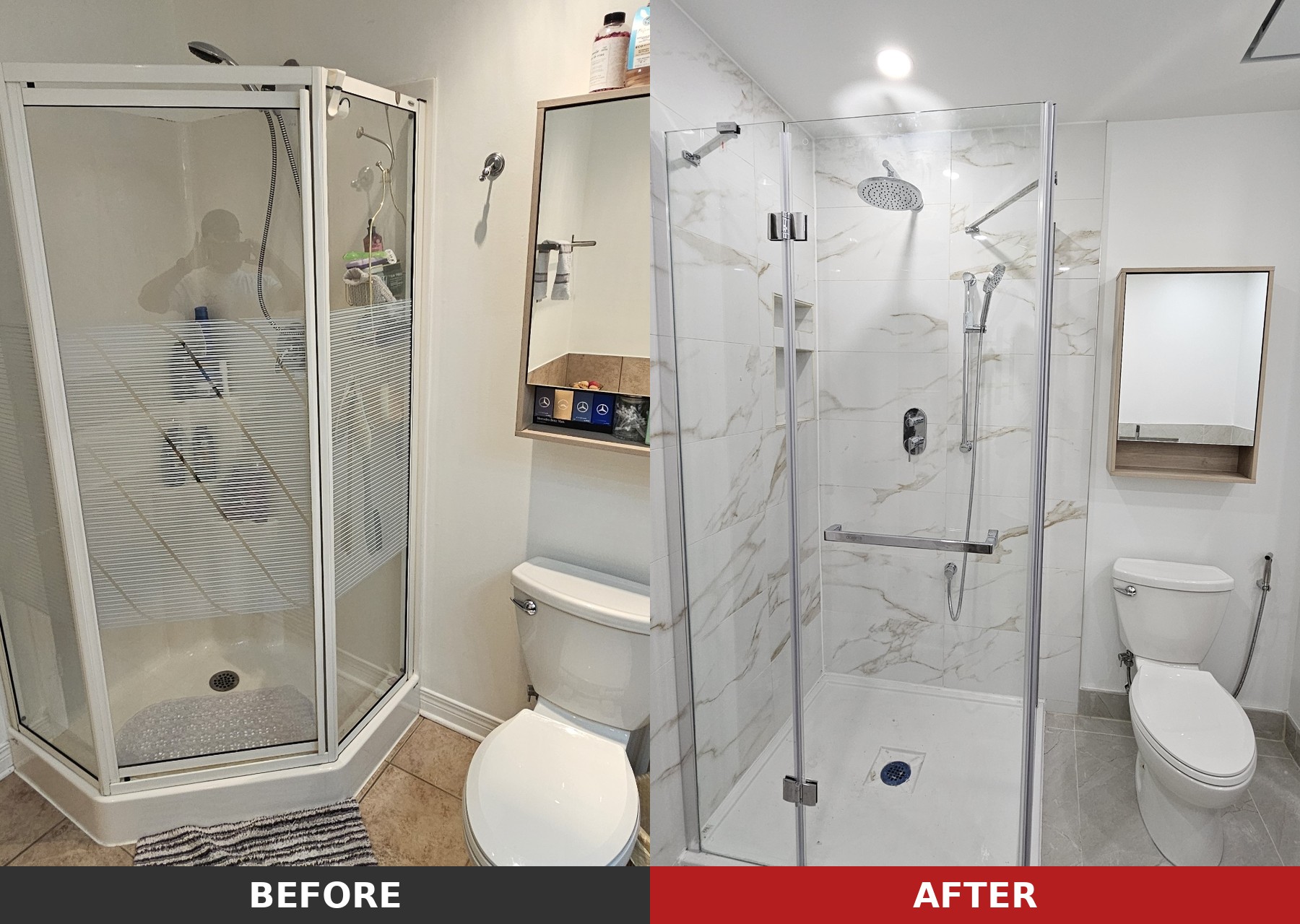 Shower renovation Montreal before and after - prefab kit to custom marble tile frameless glass