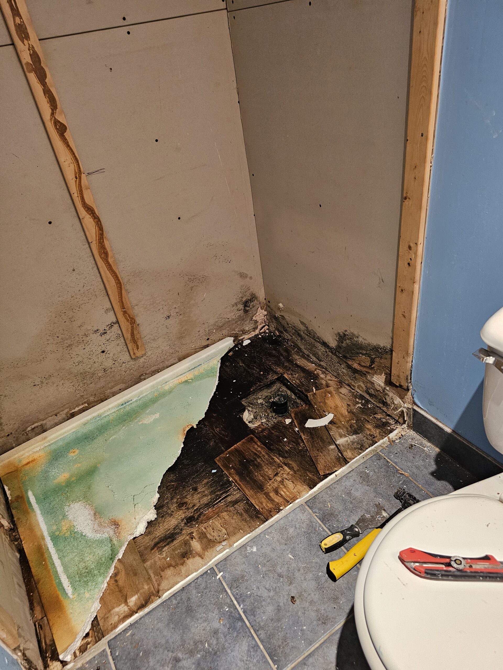 Insurance renovation Montreal - shower pan water damage mold and subfloor rot